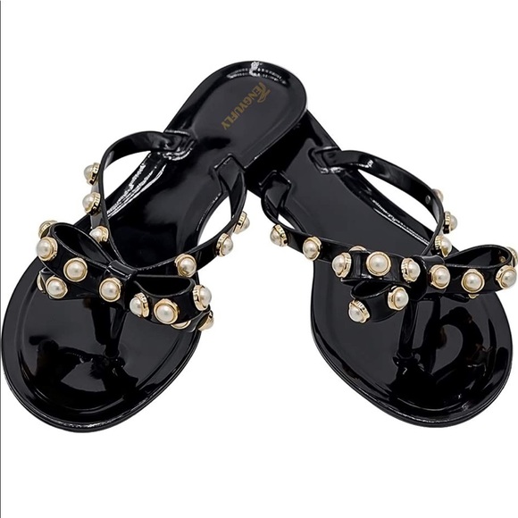 Jelly Flip Flops w/ Pearl and Bow Accents - Picture 1 of 5